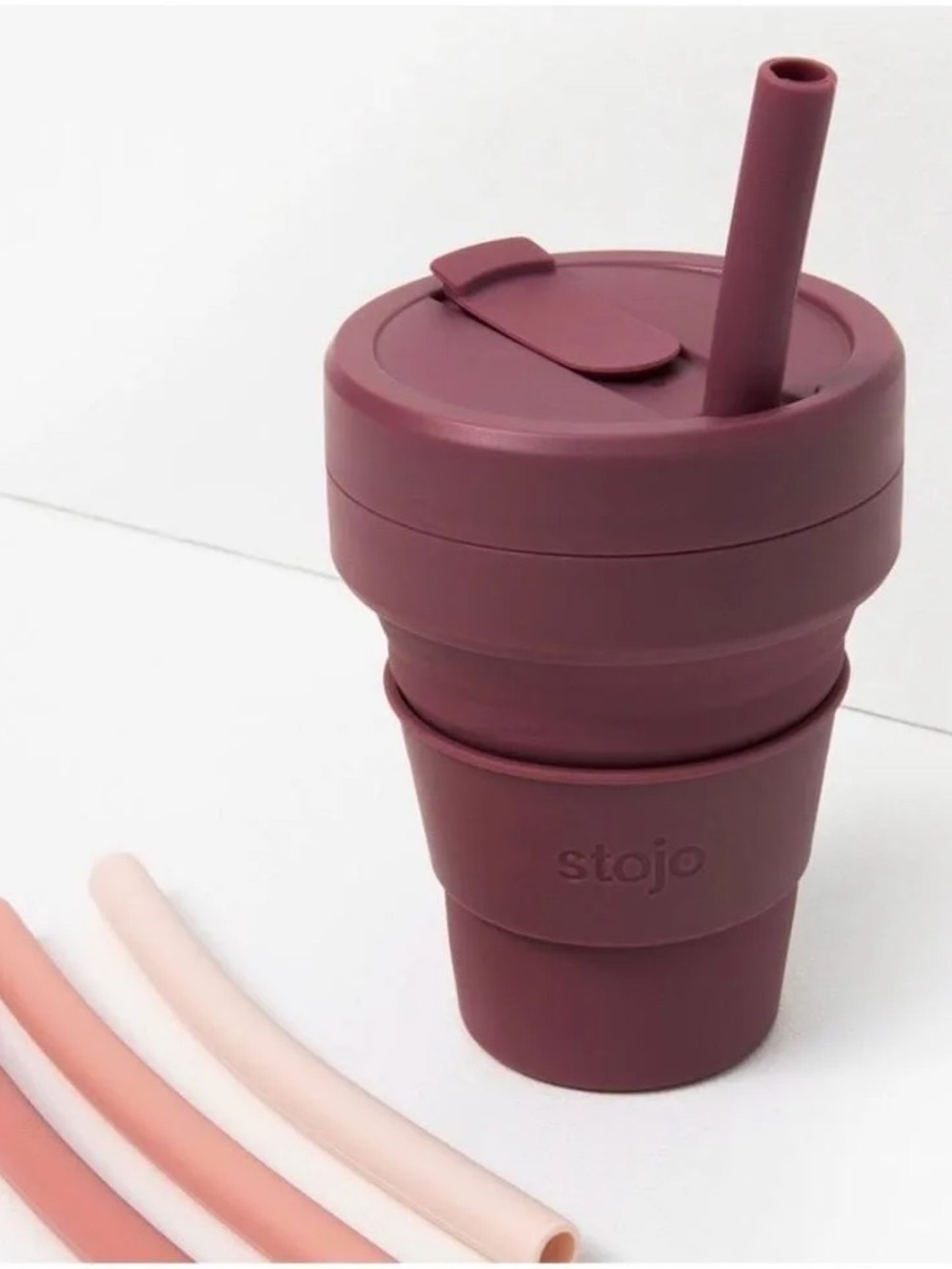 Stojo Collapsible Cup with 4 Reusable Straws Burgundy Plum Magenta Dusty Rose